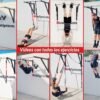 Collage de 6 fotos mostrando distintos usos: Dominadas, abdominales invertidos, uso con anillas de gimnasia, TRX y fondos sobre la barra.