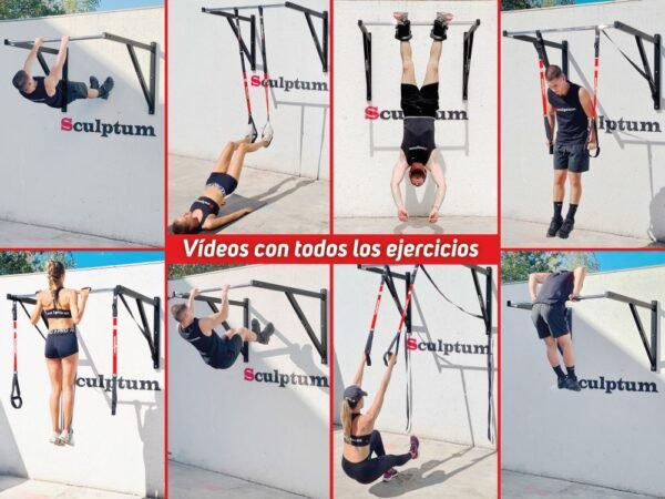 Collage de 6 fotos mostrando distintos usos: Dominadas, abdominales invertidos, uso con anillas de gimnasia, TRX y fondos sobre la barra.