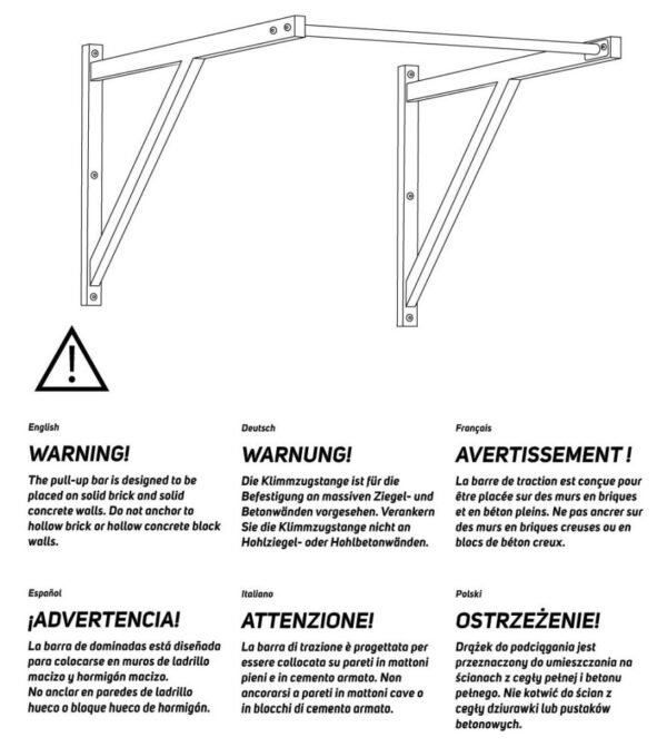 Icono de advertencia y texto en varios idiomas indicando instalar solo en paredes sólidas (ladrillo macizo/hormigón) y prohibido en tabiques huecos.