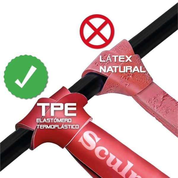 bandas-resistencia-tpe-sin-latex-hipoalergenicas Comparativa visual macro de textura TPE suave contra látex rugoso en bandas elásticas. Icono de prohibido látex.