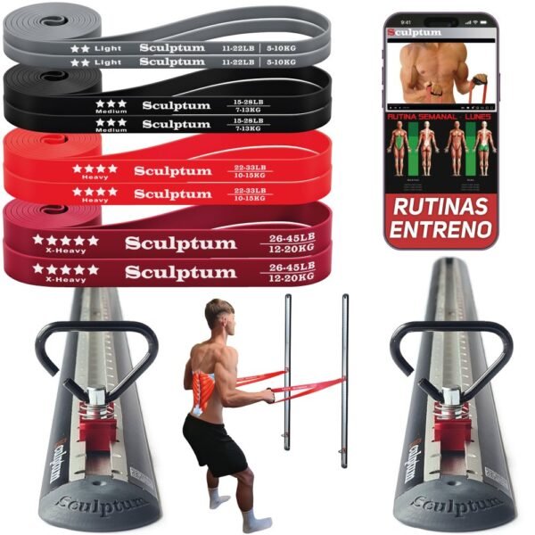 gimnasio-casa-completo-2-railes-8-bandas-cruce-poleas-sculptum Sistema de entrenamiento completo en casa Sculptum: 2 Railes de pared de 2 metros, 2 anclajes móviles y 8 bandas elásticas con App de rutinas.